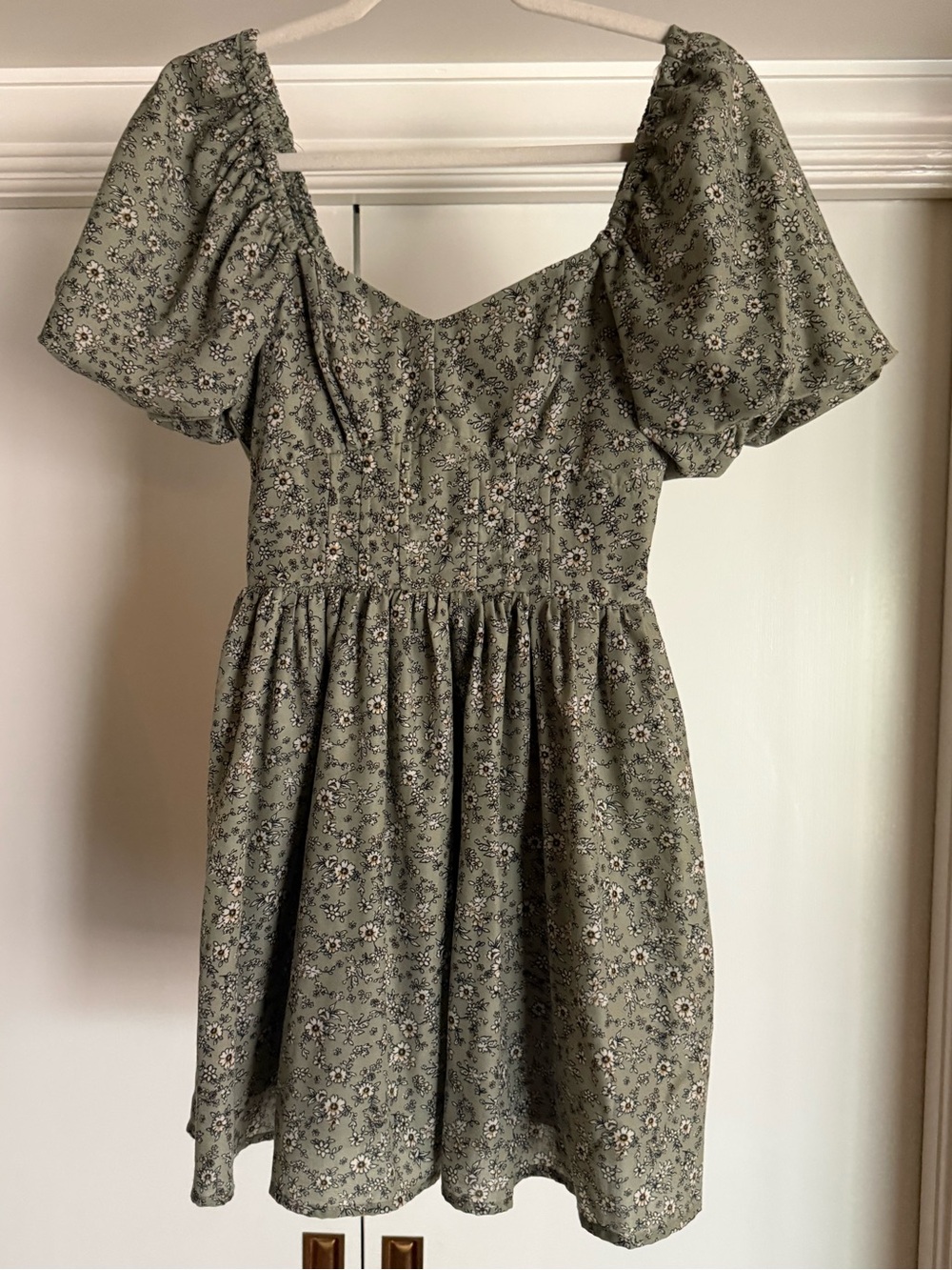 Altar'd State Sage Green Floral Puff-Sleeve Mini Dress
